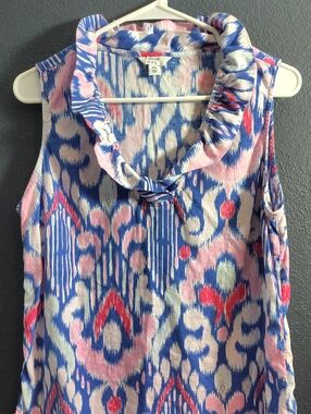 crown & ivy Linen Mix Blue, Pink & White Ikat Sleeveless Ruffle-Neck Top